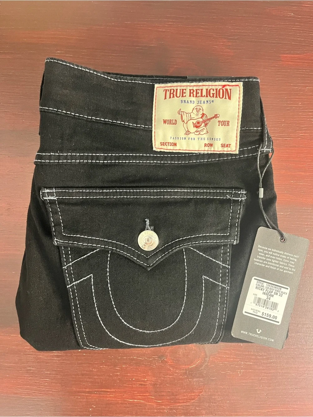 True Religion Ricky SN Flap Relaxed Straight Jeans Men’s Size 34x32 Black $159